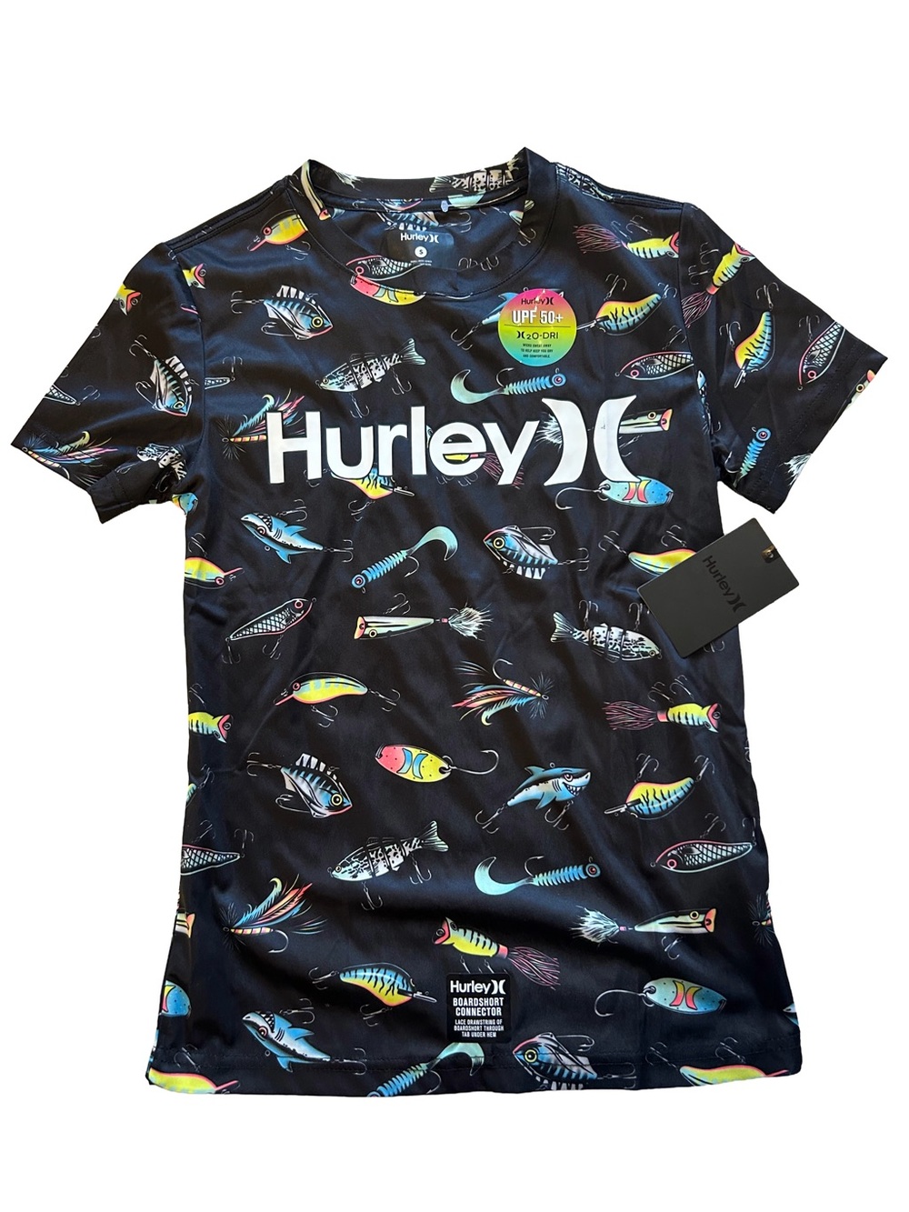 Hurley Men’s Black Swim Rash Guard with Multicolor Fish Print